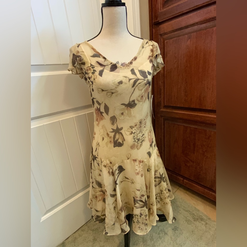 Ralph Lauren 4p georgette floral dress, tan
